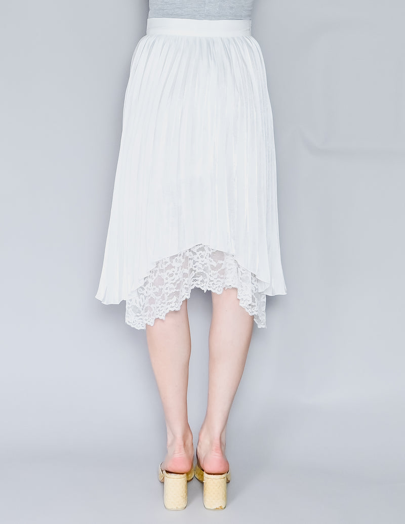 CALVIN LUO Lace Hem White Satin Pleated Skirt NWT (S)