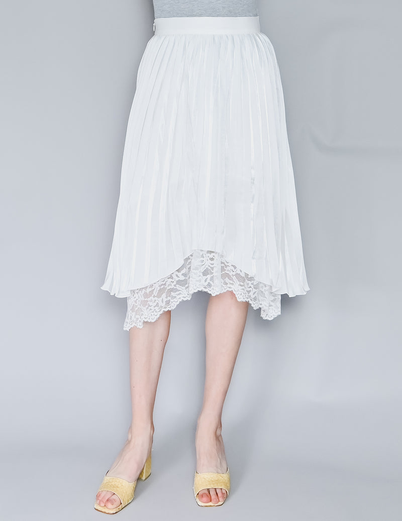 CALVIN LUO Lace Hem White Satin Pleated Skirt NWT (S)