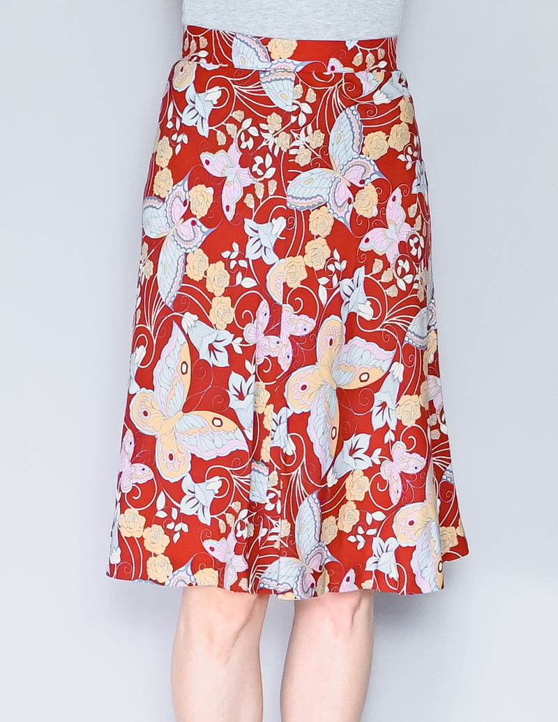 VINTAGE Maroon Butterfly Print Knee-Length Skirt (XS)
