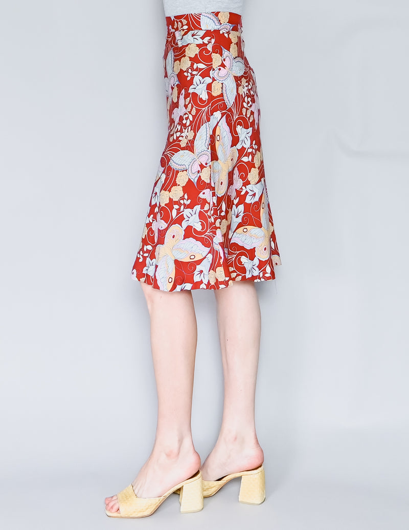 VINTAGE Maroon Butterfly Print Knee-Length Skirt (XS)