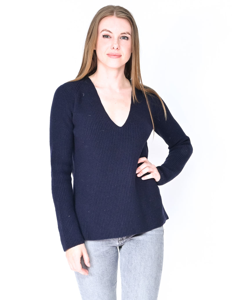 HELMUT LANG Blue Knit Wool Cashmere V Neck Sweater (Size XS)