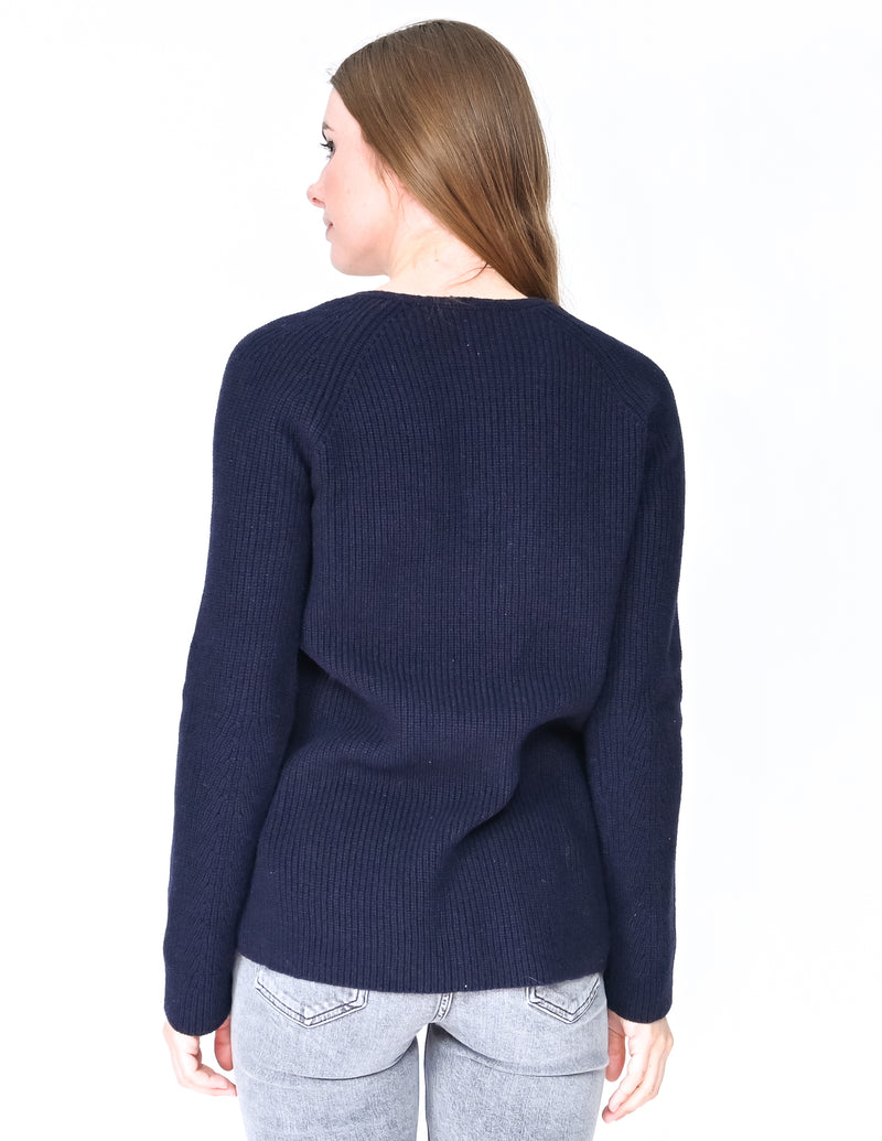 HELMUT LANG Blue Knit Wool Cashmere V Neck Sweater (Size XS)