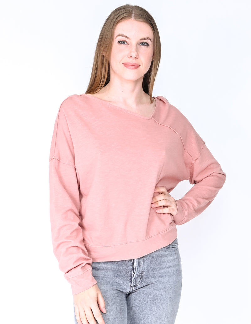SPLENDID Pink Cotton Slub Asymmetrical Neck Tee (Size S)
