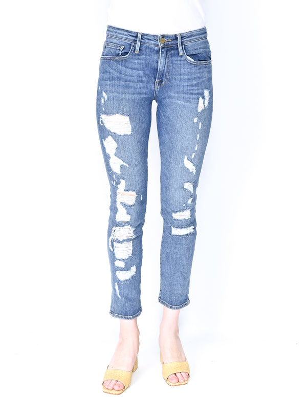 FRAME Denim Blue Le Grand Garcon Distressed Jeans (Size 24)