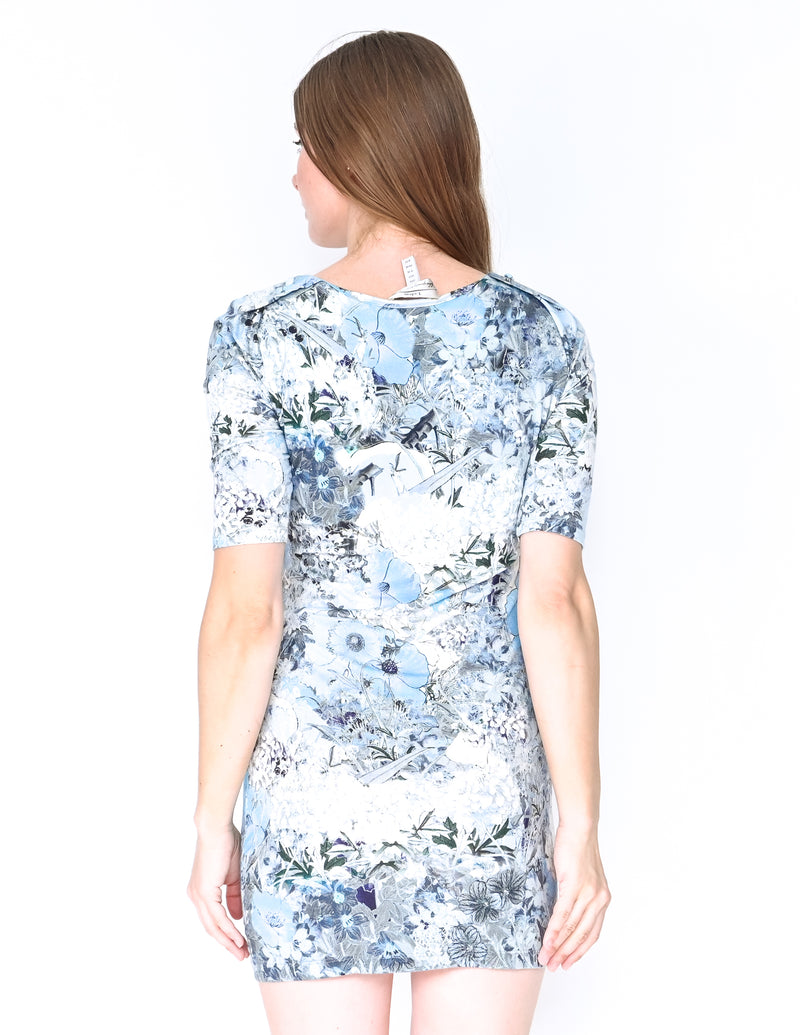 ERDEM Blue Floral Print Short-Sleeve Mini Dress (Size 2)