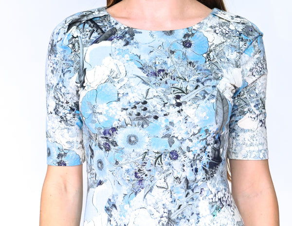 ERDEM Blue Floral Print Short-Sleeve Mini Dress (Size 2)