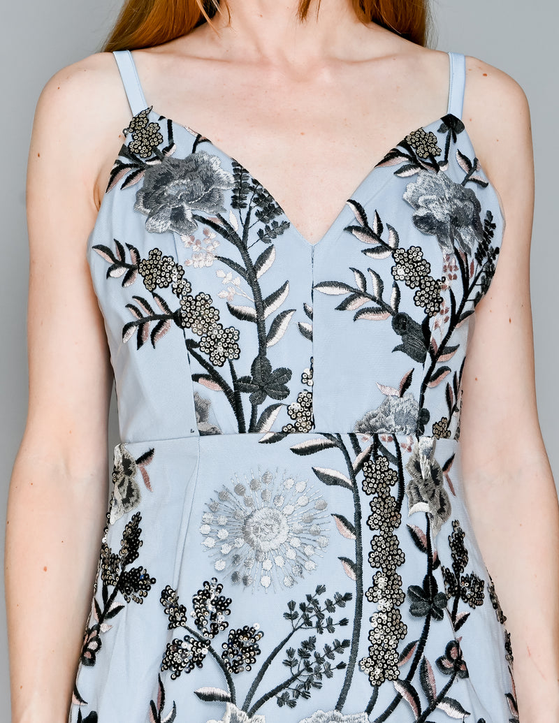 BRONX & BANCO Tiara Blue Floral Embroidery Tulle Dress (S)