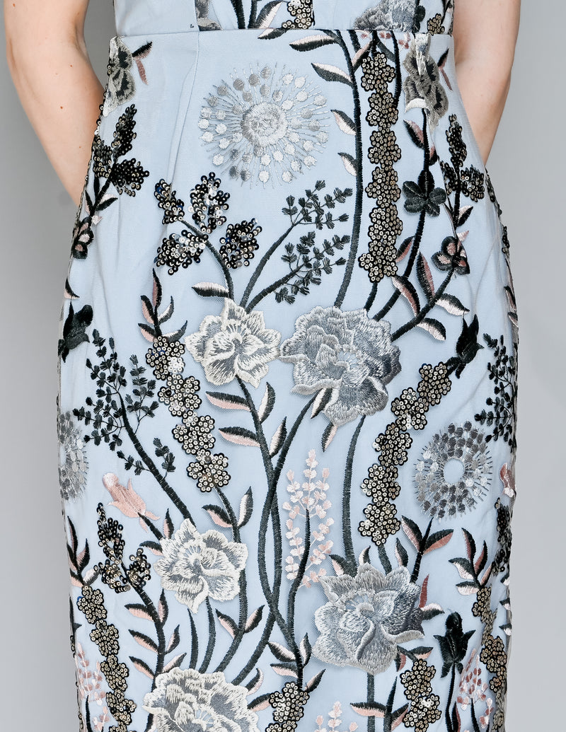 BRONX & BANCO Tiara Blue Floral Embroidery Tulle Dress (S)
