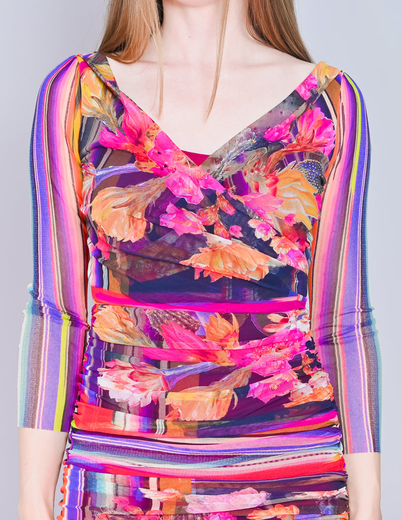 FUZZI Floral Print Mesh Ruched Midi Dress (Size XS)