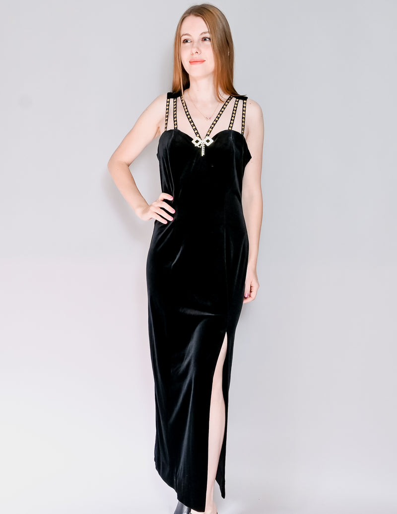 VINTAGE Black Velvet Embellished Maxi Dress (L)