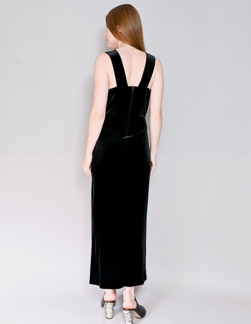 VINTAGE Black Velvet Embellished Maxi Dress (L)