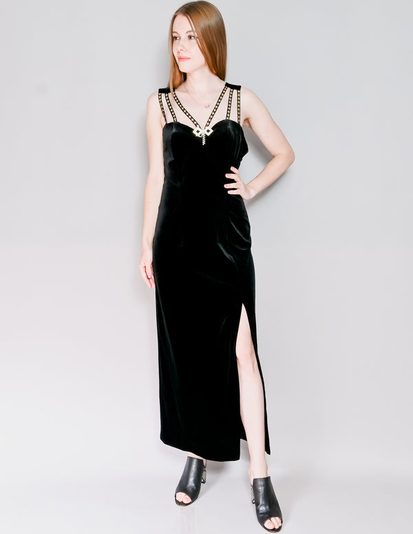 VINTAGE Black Velvet Embellished Maxi Dress (L)