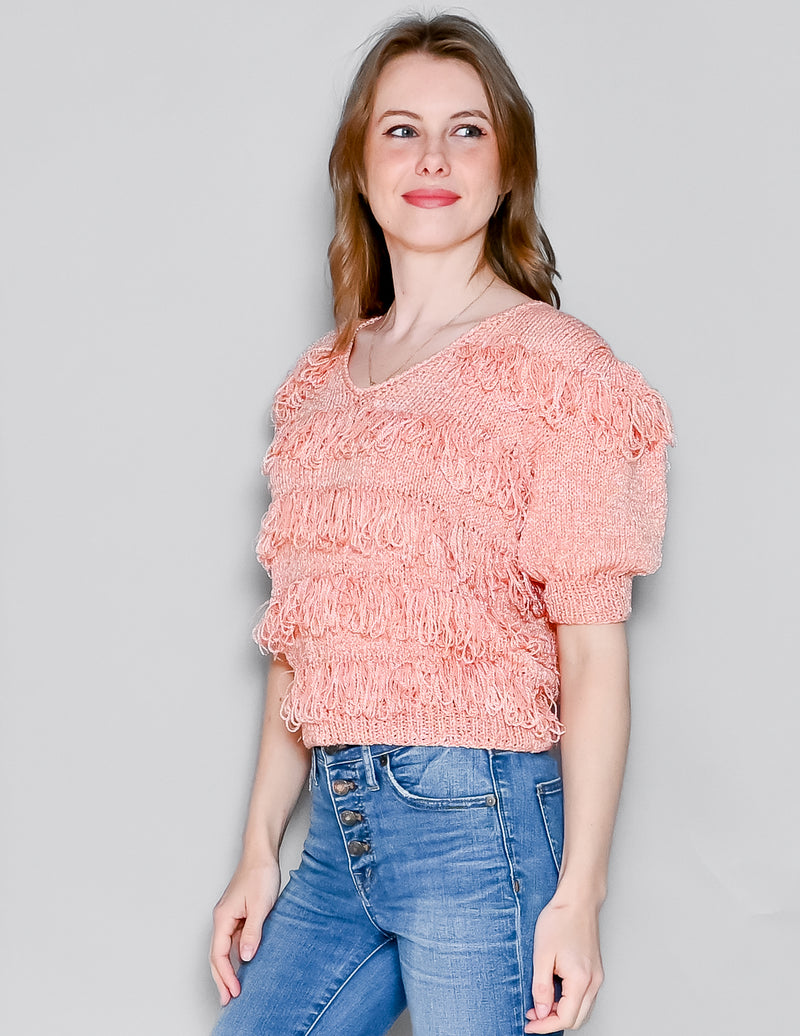 Vintage Loopy Fringe Knit Peachy Pink Sweater Top (XS/S)