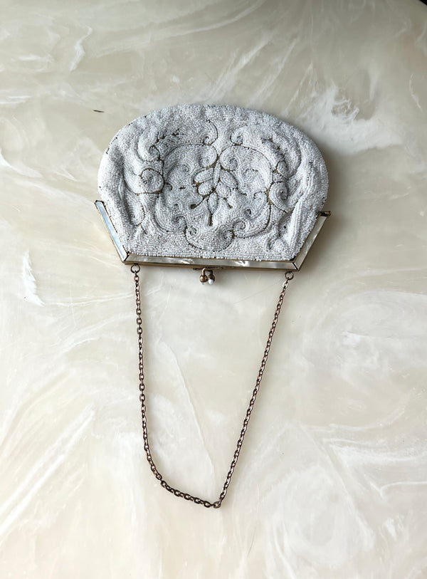 VINTAGE Frivolity Beaded White Mother of Pearl Mini Bag with Chain
