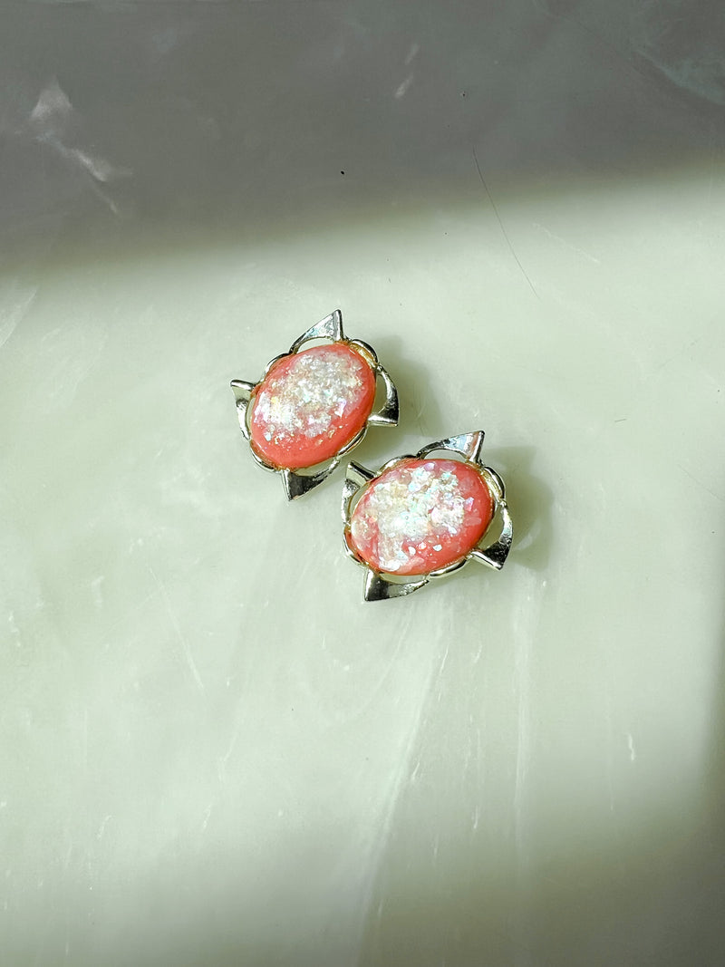 Vintage Pink Glitter Clip On Earrings