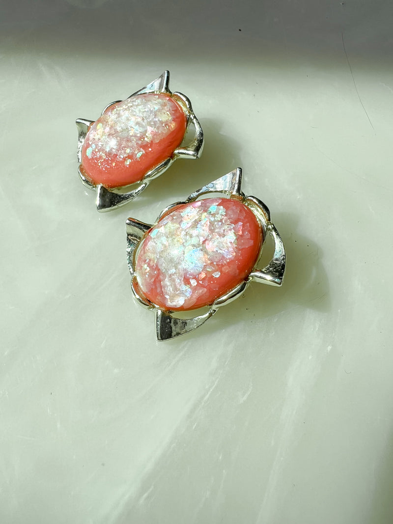 Vintage Pink Glitter Clip On Earrings